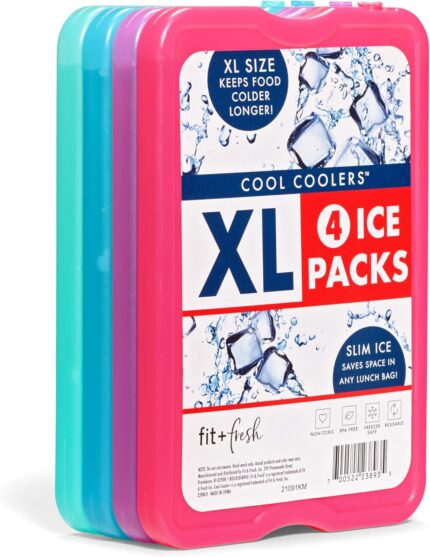 Cool Coolers by Fit & Fresh 4 Pack XL Slim Ice Packs, Quick Freeze