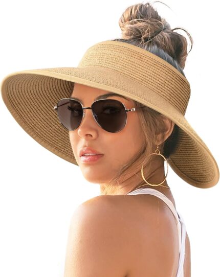 FURTALK Sun Hats for Women Wide Brim Beach Hat Straw Visor Ponytail