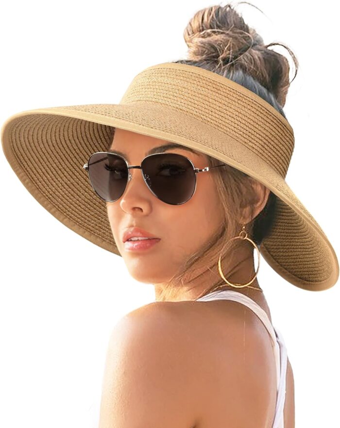 FURTALK Sun Hats for Women Wide Brim Beach Hat Straw Visor Ponytail
