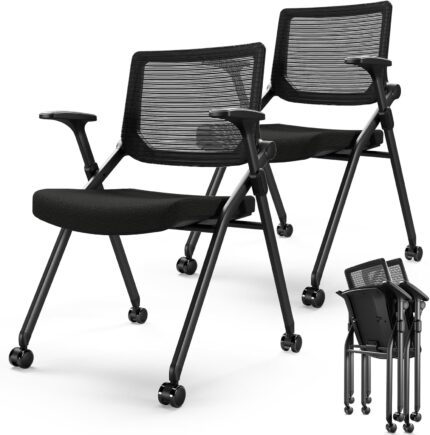 FYLICA Foldable Office Chair Set of 2 with PU Wheels Ergonomic Mesh