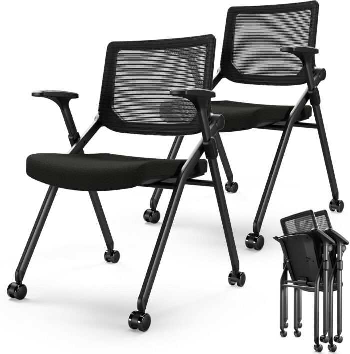 FYLICA Foldable Office Chair Set of 2 with PU Wheels Ergonomic Mesh