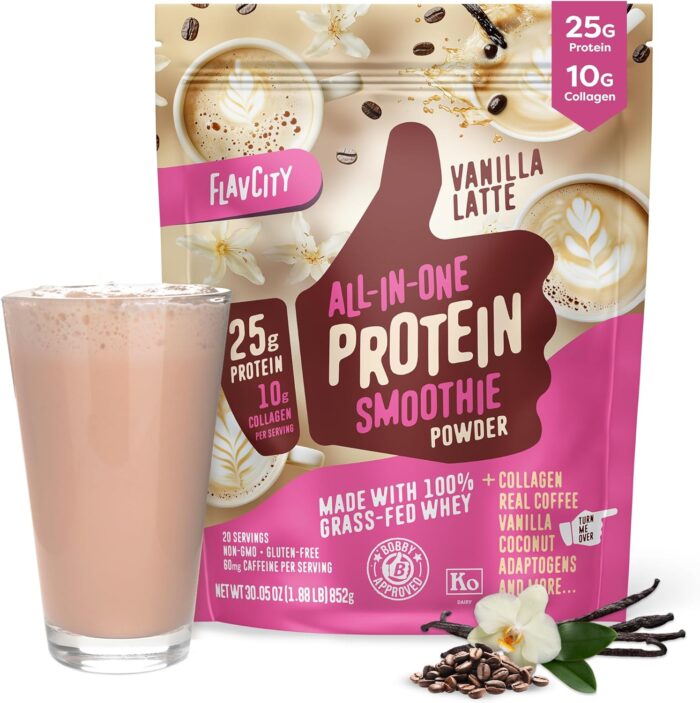 FlavCity Grass Fed Whey Protein Powder - Vanilla Latte - 25g Protein,