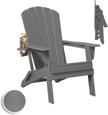 Folding Adirondack Chair, SGS Tested, Wooden Textured with Cup Holder,