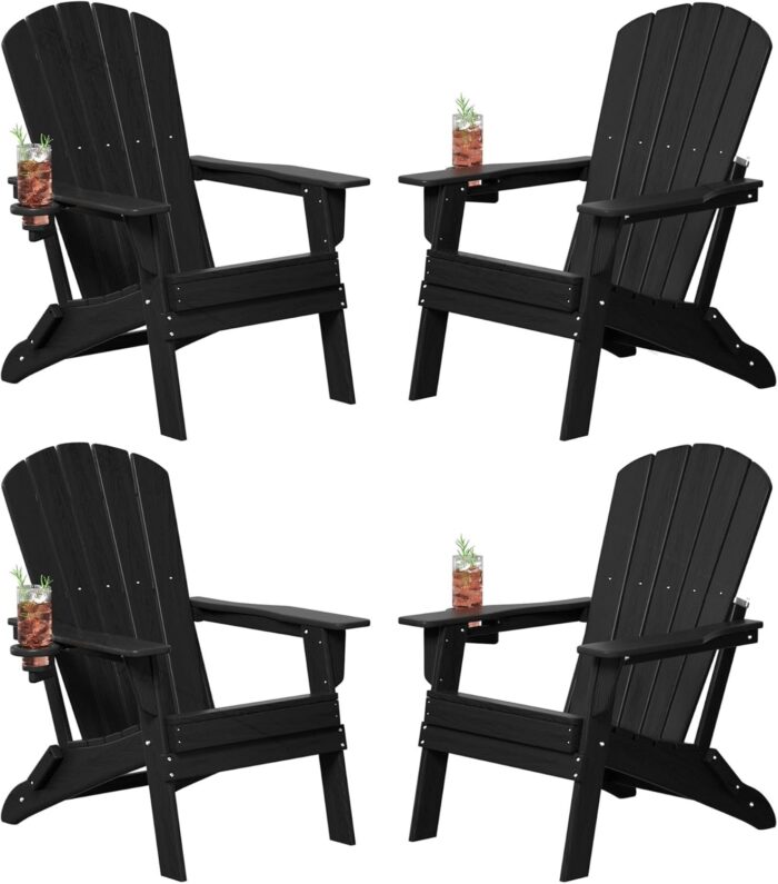 Folding Adirondack Chair Set of 4, Cup Holder，Wooden Textured ，Heavy
