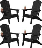 Folding Adirondack Chair Set of 4, Cup Holder，Wooden Textured ，Heavy