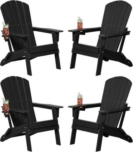 Folding Adirondack Chair Set of 4, Cup Holder，Wooden Textured ，Heavy
