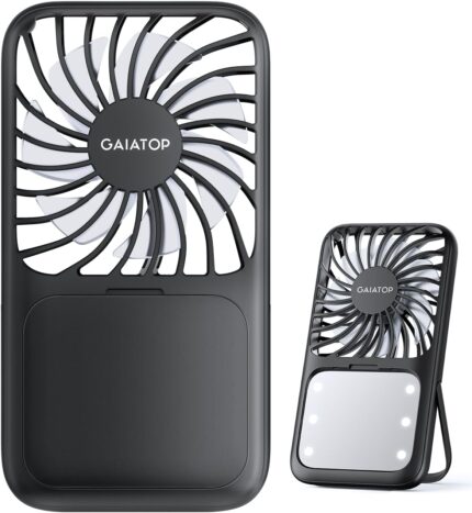 Gaiatop Portable Handheld Fan, Folding Stand for Desktop, 3 Speed LED