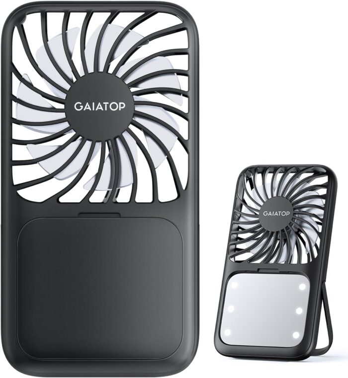 Gaiatop Portable Handheld Fan, Folding Stand for Desktop, 3 Speed LED