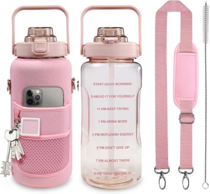 Half Gallon Water Bottle with Sleeve, 64OZ Motivational