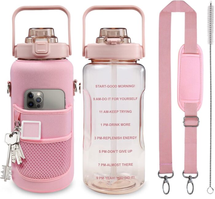 Half Gallon Water Bottle with Sleeve, 64OZ Motivational