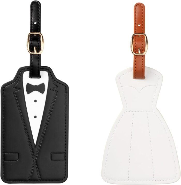 Luggage Tags for Couples, Bride & Groom Wedding Dress and Tuxedo