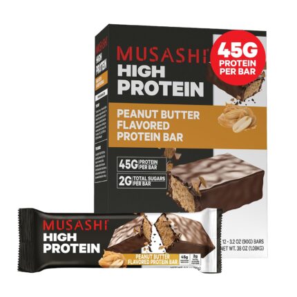 MUSASHI High Protein Bar, 45g Protein, 2g Total Sugars, Peanut Butter