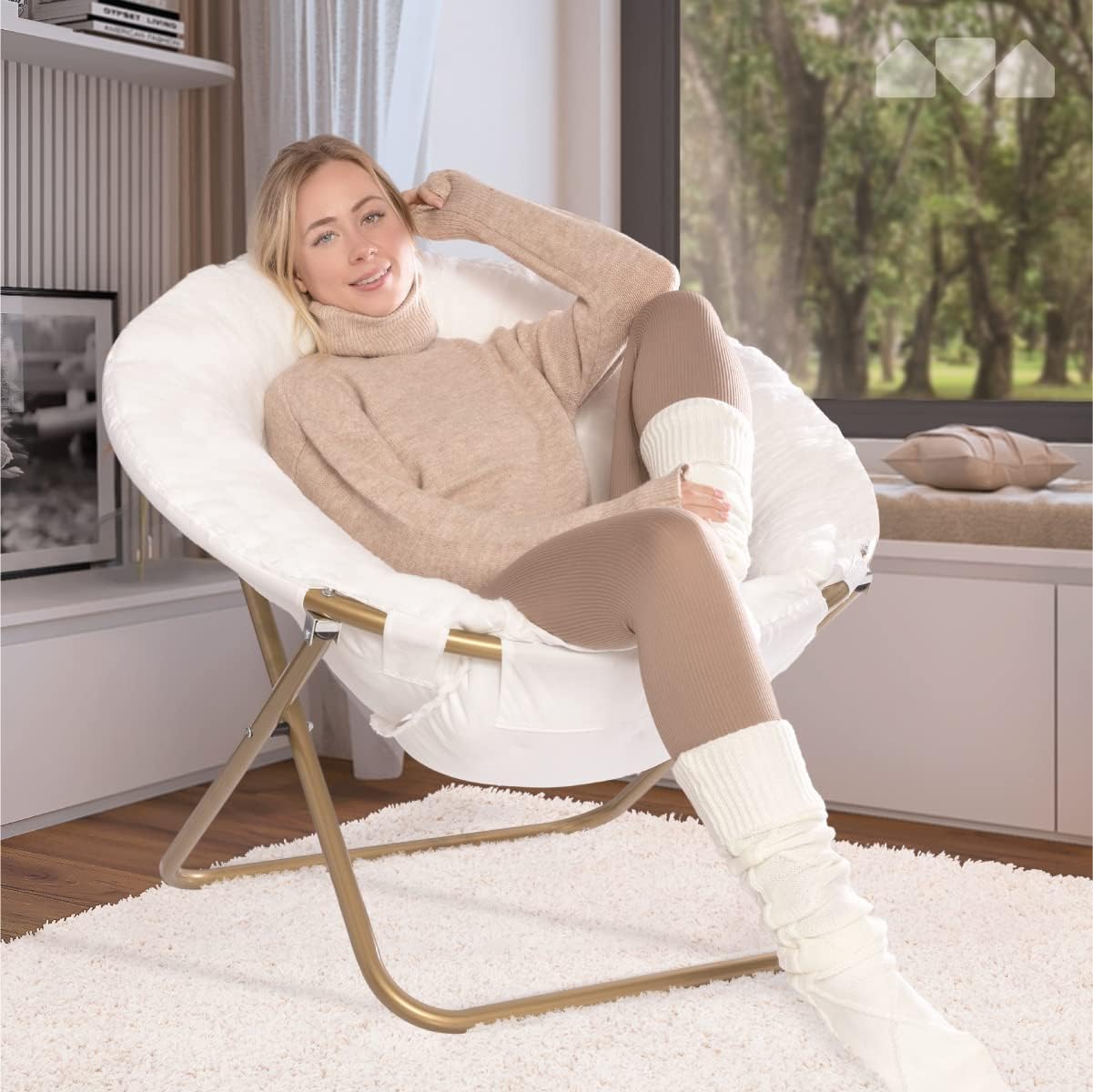 Milliard Saucer Chair For Adults, Teens & Kids, White, Faux Fur XL