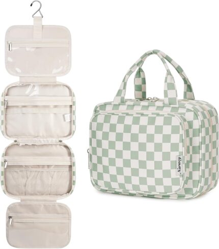 Narwey Hanging Toiletry Bag for Women Travel Checkered Makeup Bag