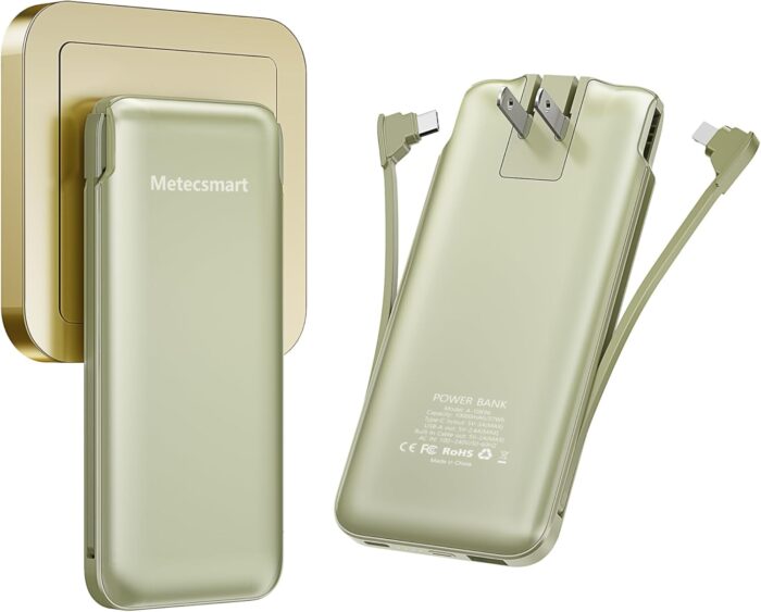 Portable Charger Power Bank with Built-in Cable & AC Plug, 10000mAh
