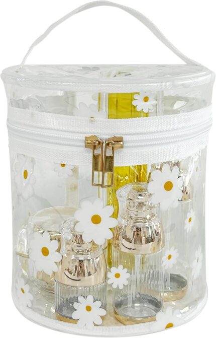 Printed Flowers Clear Cylinder Travel Makeup Bag,Portable Waterproof