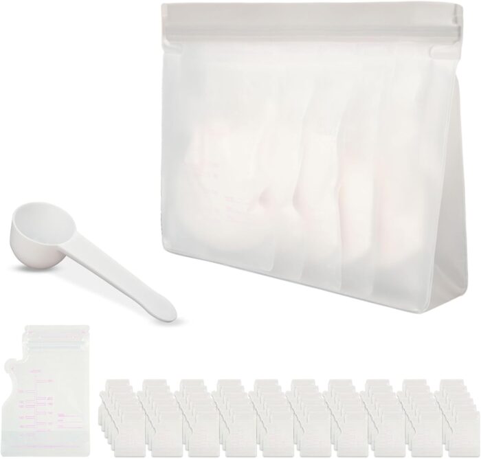 Protein Powder Travel Container Set - 60 Disposable Bags with Storage