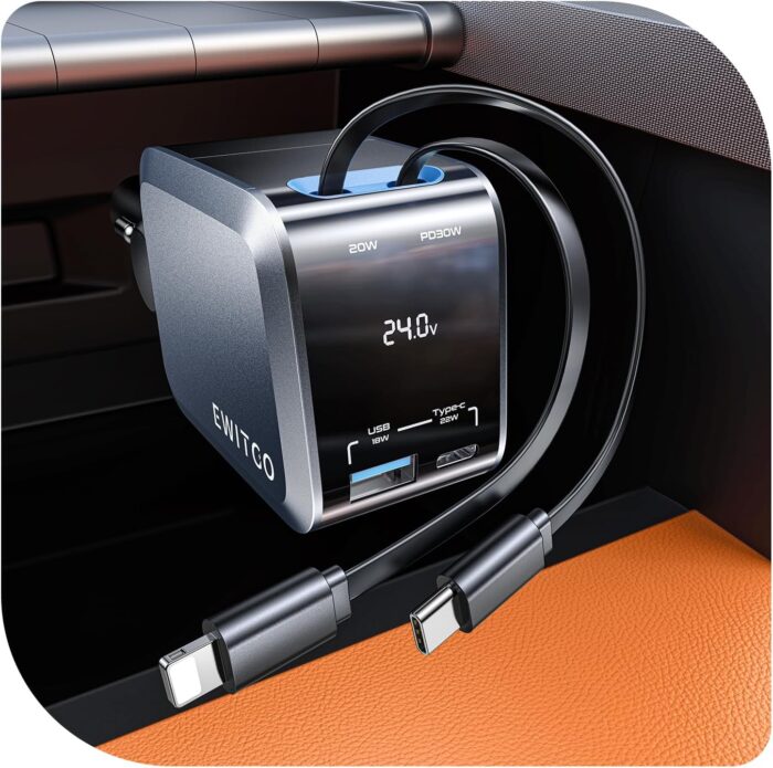 Retractable Car Charger, Car Accessories, 72W Fast Charging USB C Car