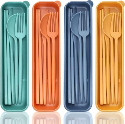Reusable Travel Utensils with Case, 4 Sets Wheat Straw Portable
