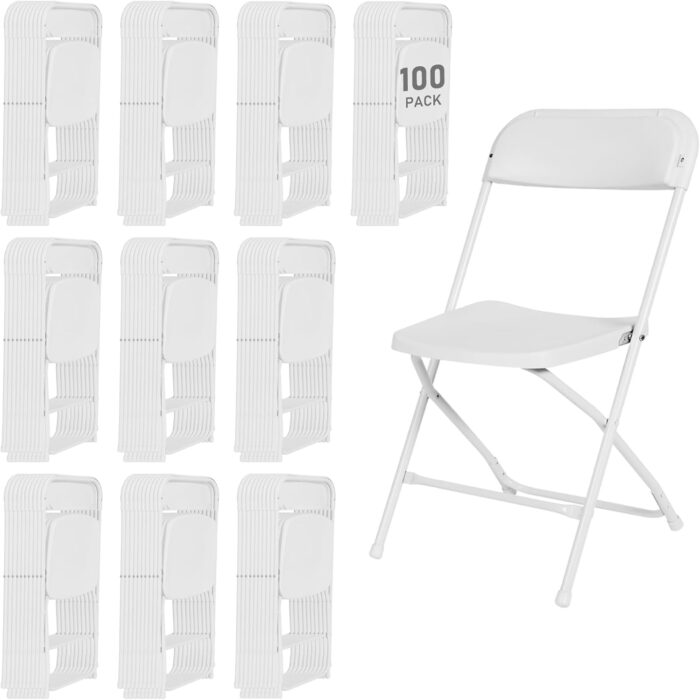 SEALAMB 100 Pack White Plastic Folding Chairs with Steel Frame,