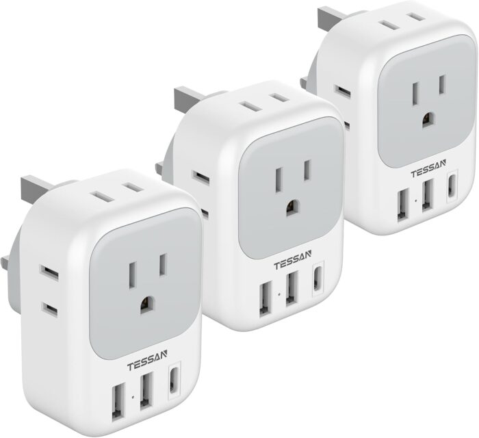 US to UK Plug Adapter 3 Pack, TESSAN Type G Adapter for Travel with 4