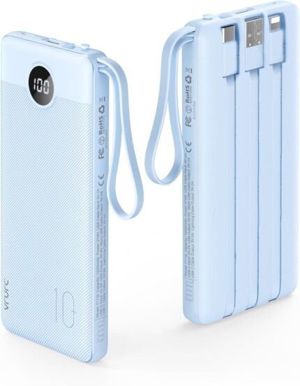 VRURC 10000mAh Power Bank Built-in Cables, Portable Charger with LED