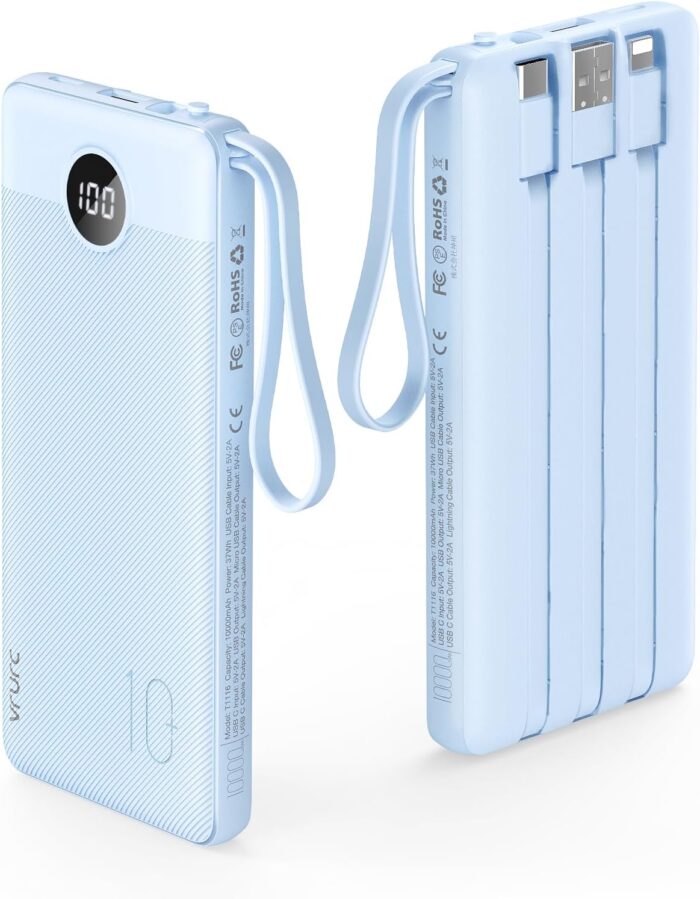 VRURC 10000mAh Power Bank Built-in Cables, Portable Charger with LED