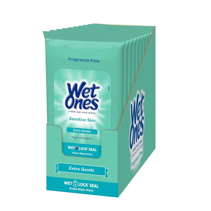 Wet Ones Sensitive Skin Hands and Face Wipes, 20 Count Travel Pack
