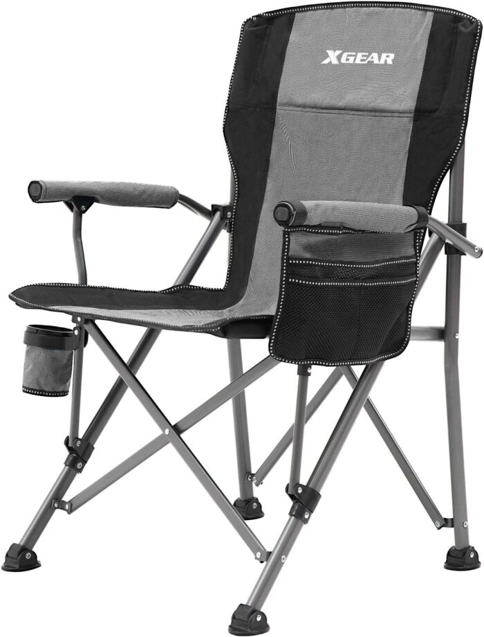 XGEAR Camping Chair Hard Arm High Back Lawn Chair Heavy Duty with Cup