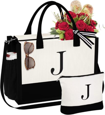 YOOLIFE Mothers Day Gifts for Women - Initial Tote Bag & Makeup Bag,