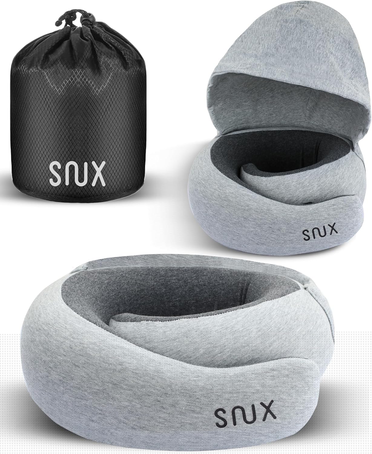 Snux Travel Neck Pillow with Hood - Memory Foam Neck Pillow - Hooded